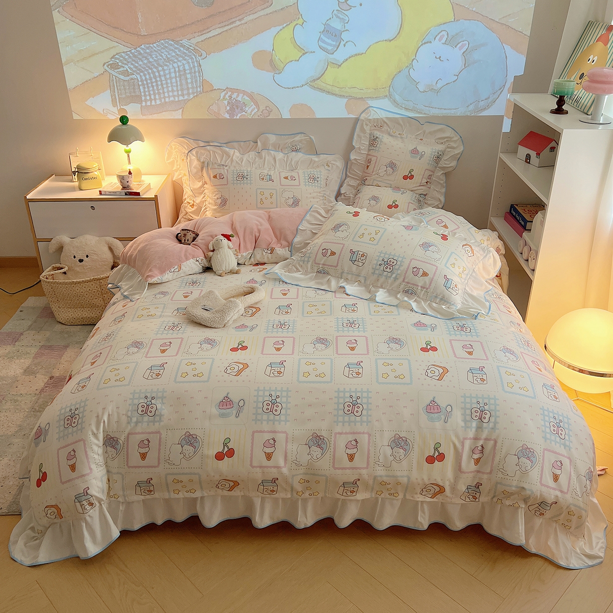 桃心家居 2025新款A类韩版花边撞色云柔水洗棉加厚牛奶绒少女猫咪棉绒四件套系列 绒花边-甜梦猫咪