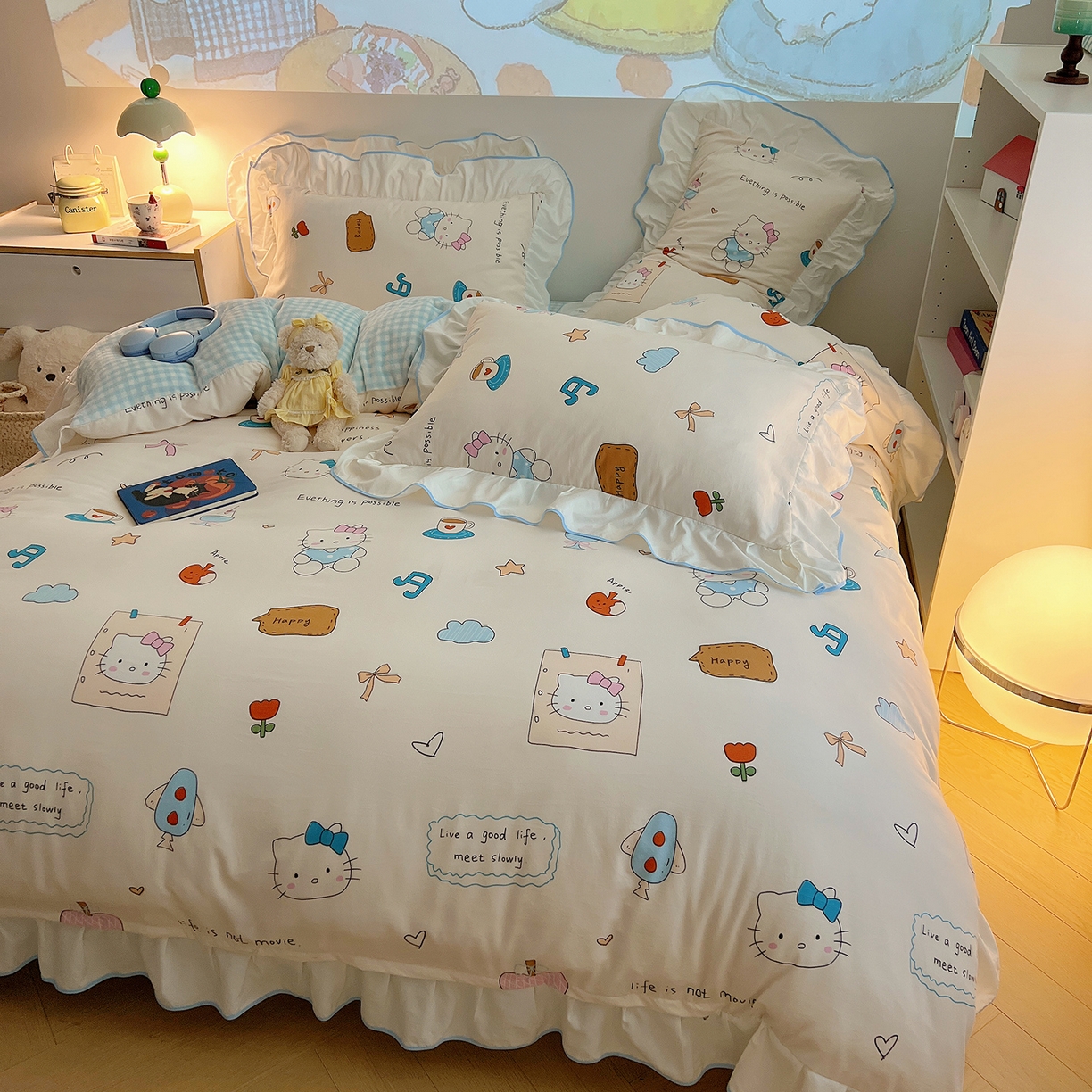 91家纺网 家纺一手货源 找家纺 桃心家居 2025新款A类韩版花边撞色云柔水洗棉加厚牛奶绒少女猫咪棉绒四件套系列 绒花边-猫咪时光