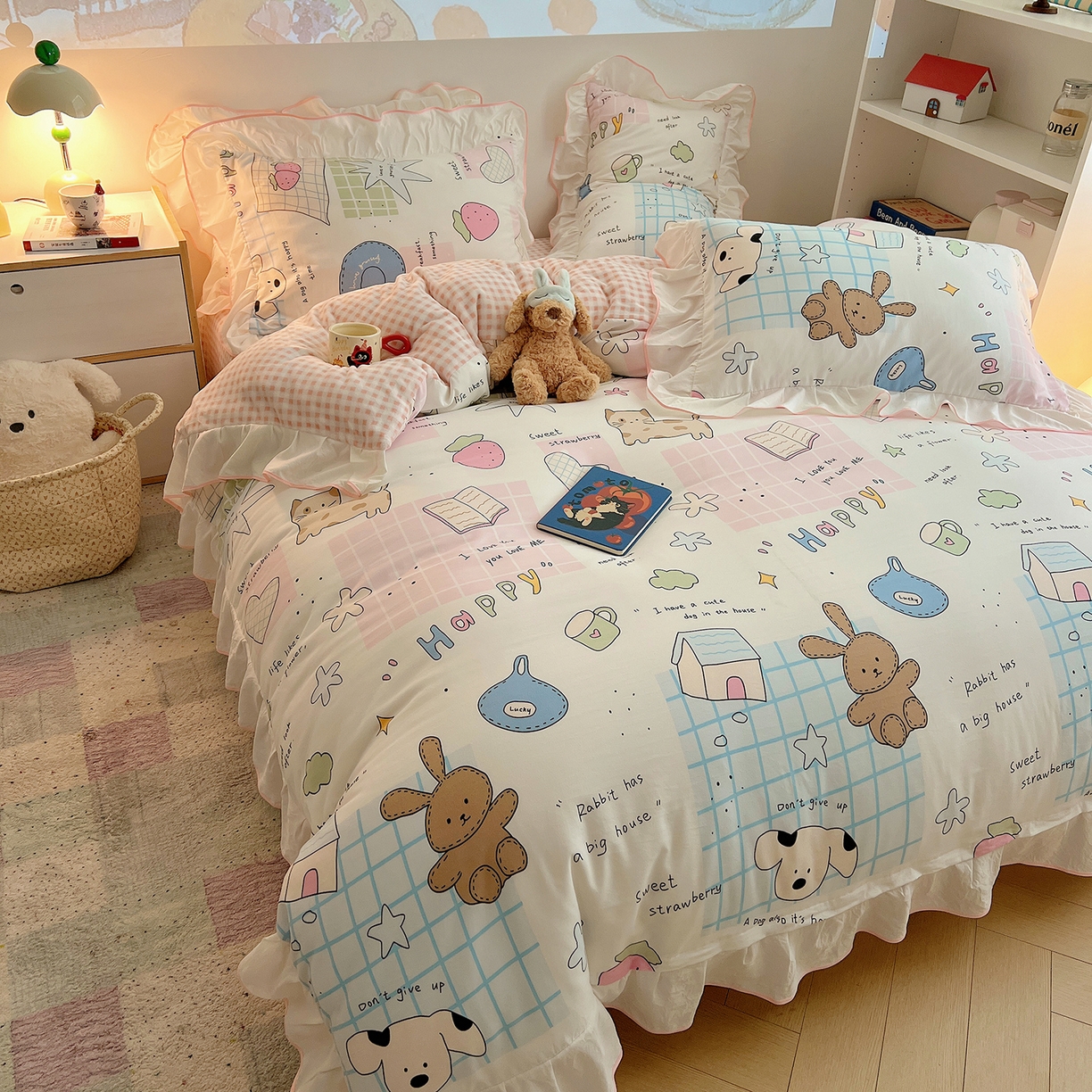 91家纺网 家纺一手货源 找家纺 桃心家居 2025新款A类韩版花边撞色云柔水洗棉加厚牛奶绒少女猫咪棉绒四件套系列 绒花边-少女卡哇伊