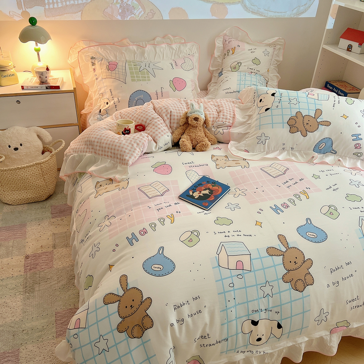 91家纺网 家纺一手货源 找家纺 桃心家居 2025新款A类韩版花边撞色云柔水洗棉加厚牛奶绒少女猫咪棉绒四件套系列 绒花边-少女卡哇伊