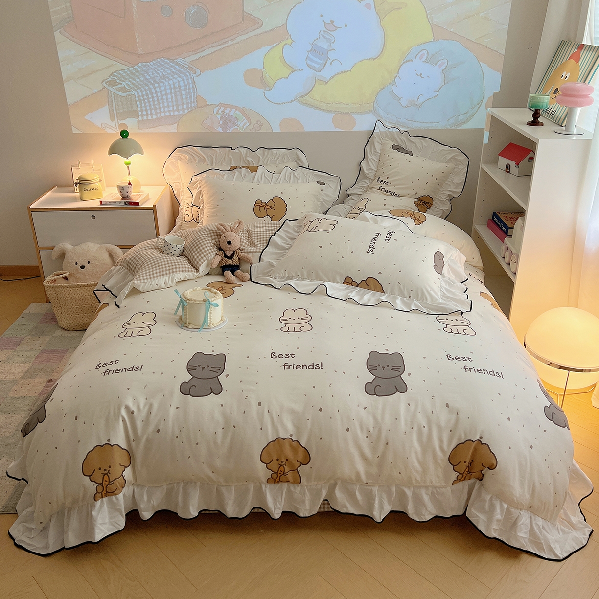 桃心家居 2025新款A类韩版花边撞色云柔水洗棉加厚牛奶绒少女猫咪棉绒四件套系列 绒花边-快乐时光