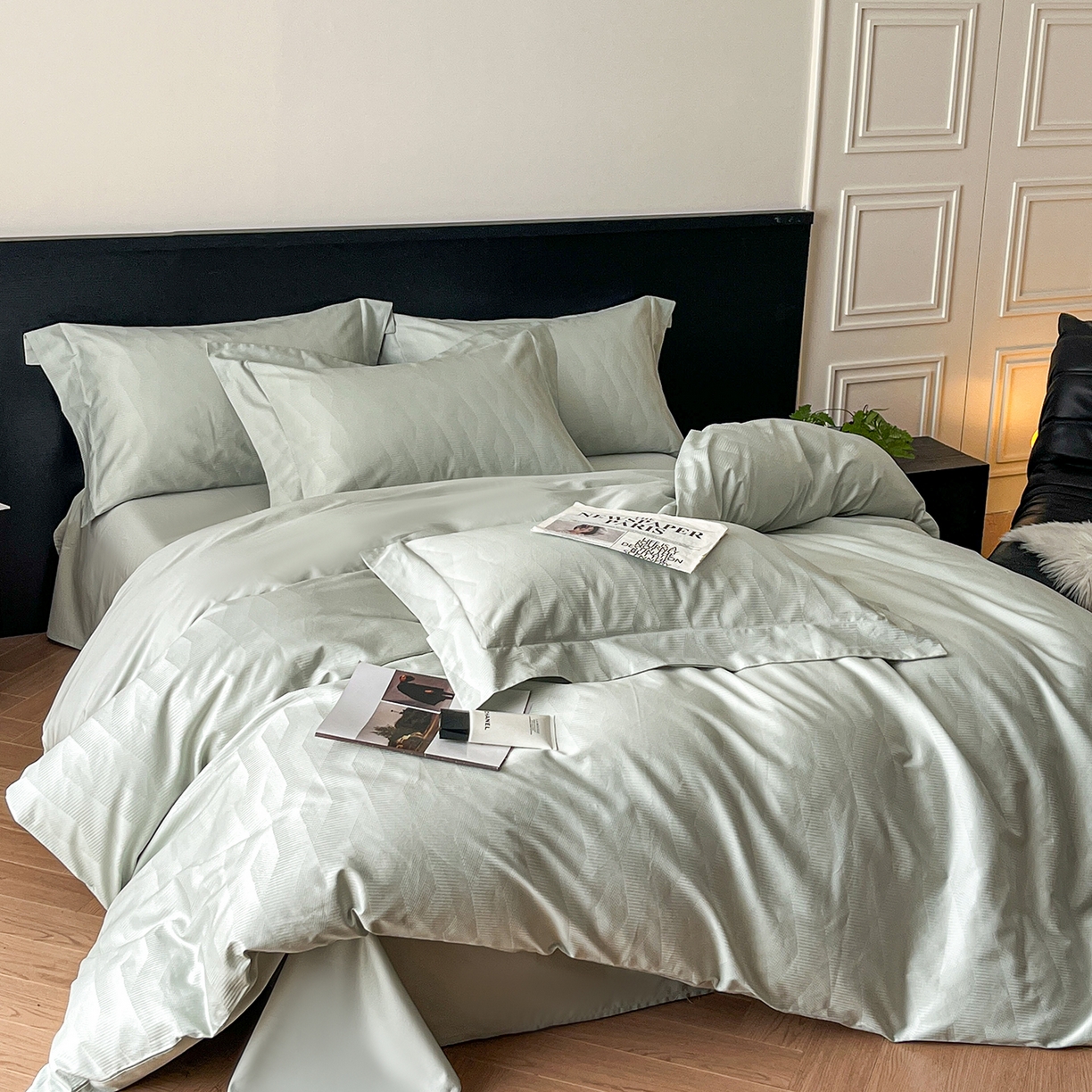 91家纺网 家纺一手货源 找家纺 舒慕家纺 2025新款100支长绒棉提花四件套系列 时空