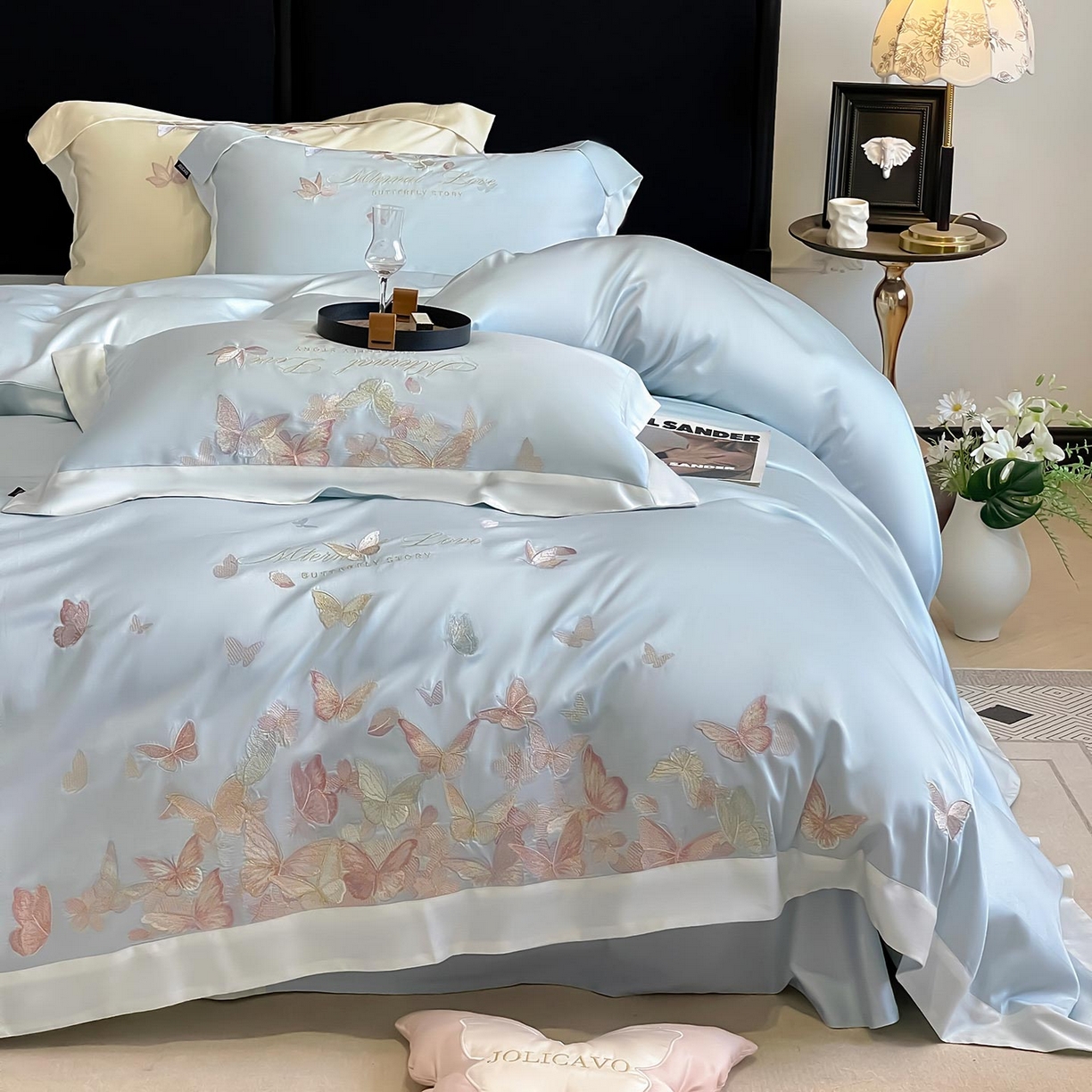 91家纺网 家纺一手货源 找家纺  2025直播爆款A类贡缎长绒棉四件套纯棉全棉重工刺绣被套床单高端拼接床上用品 七彩蝶梦-布鲁蓝