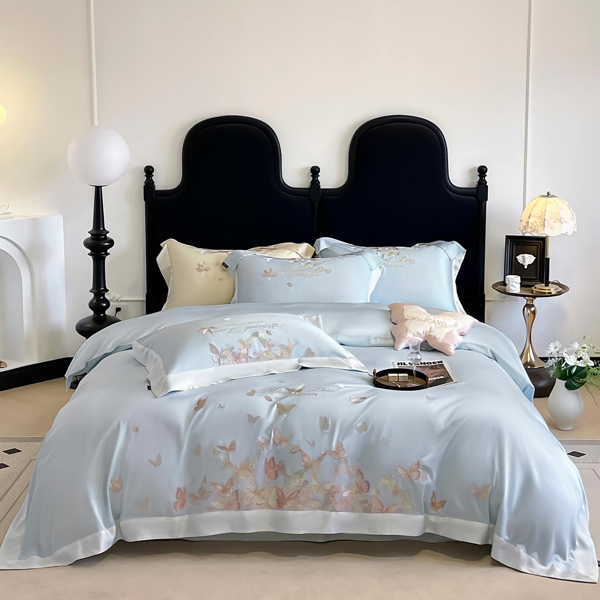 91家纺网 家纺一手货源 找家纺  2025直播爆款A类贡缎长绒棉四件套纯棉全棉重工刺绣被套床单高端拼接床上用品 七彩蝶梦-布鲁蓝