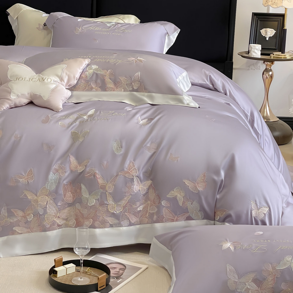 91家纺网 家纺一手货源 找家纺  2025直播爆款A类贡缎长绒棉四件套纯棉全棉重工刺绣被套床单高端拼接床上用品 七彩蝶梦-花容紫