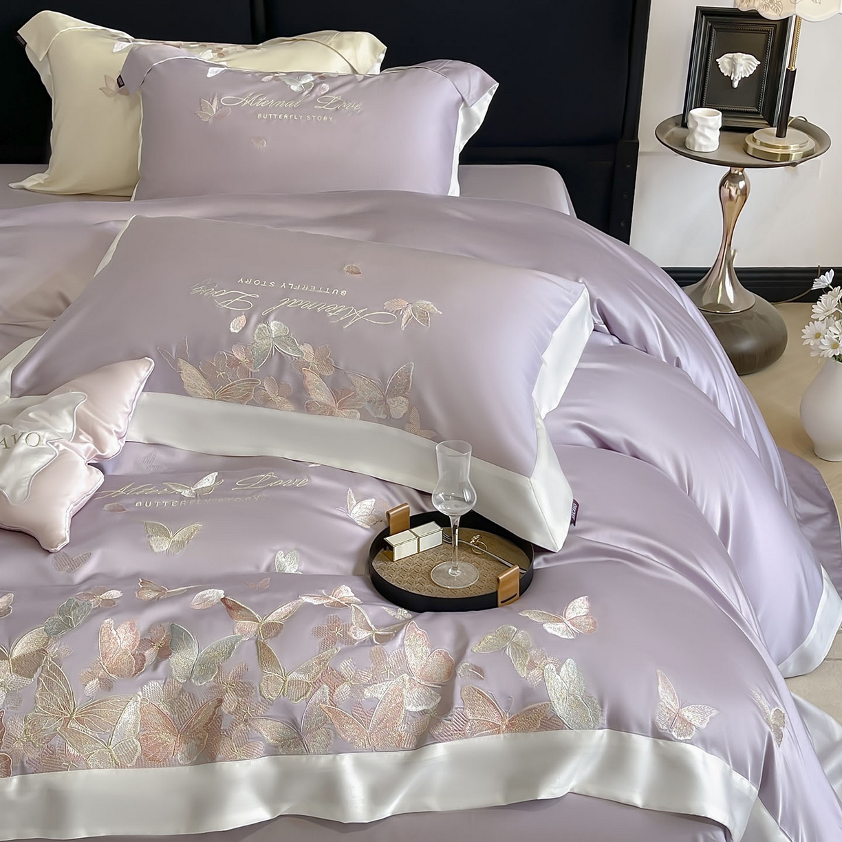 91家纺网 家纺一手货源 找家纺  2025直播爆款A类贡缎长绒棉四件套纯棉全棉重工刺绣被套床单高端拼接床上用品 七彩蝶梦-花容紫