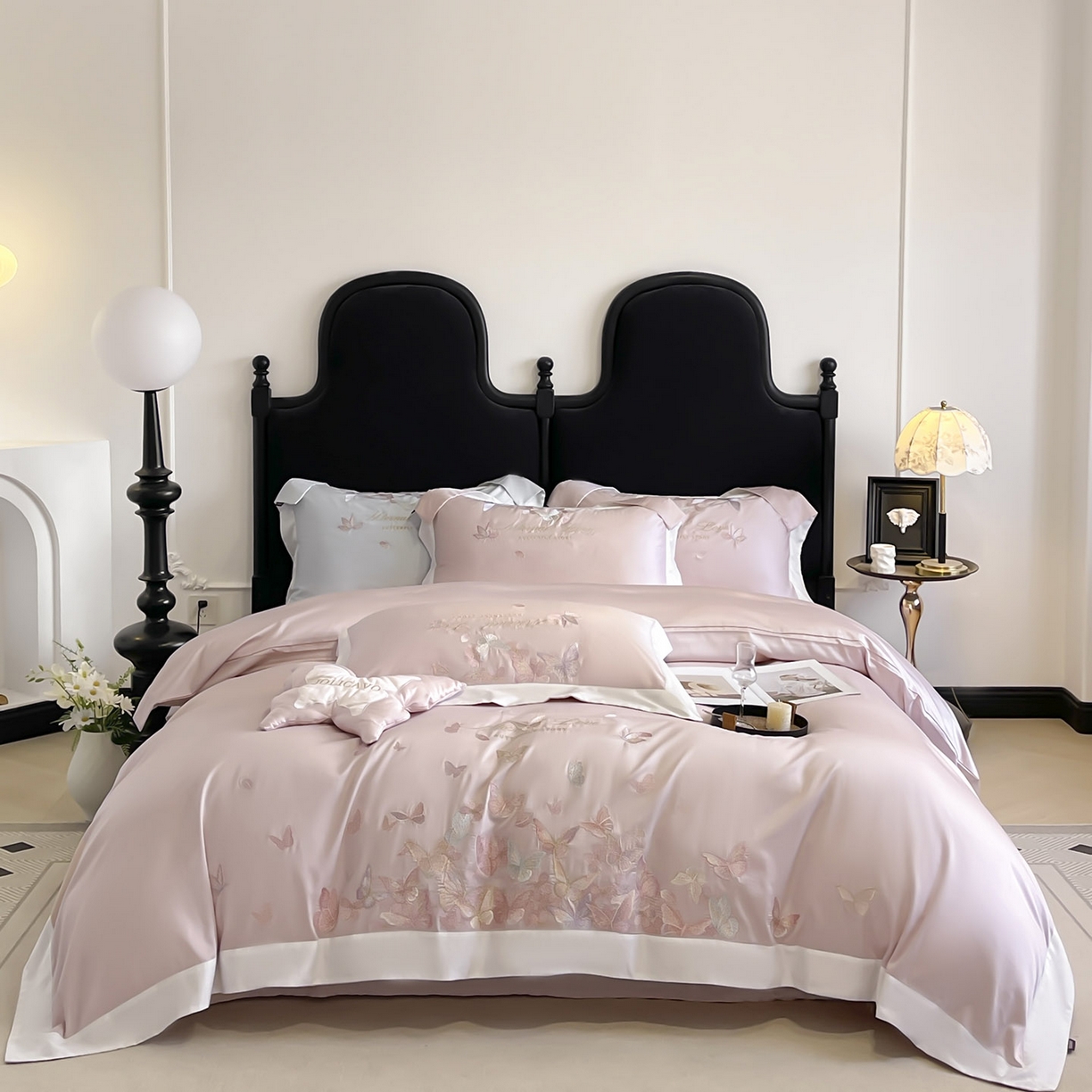 91家纺网 家纺一手货源 找家纺  2025直播爆款A类贡缎长绒棉四件套纯棉全棉重工刺绣被套床单高端拼接床上用品 七彩蝶梦-落樱粉