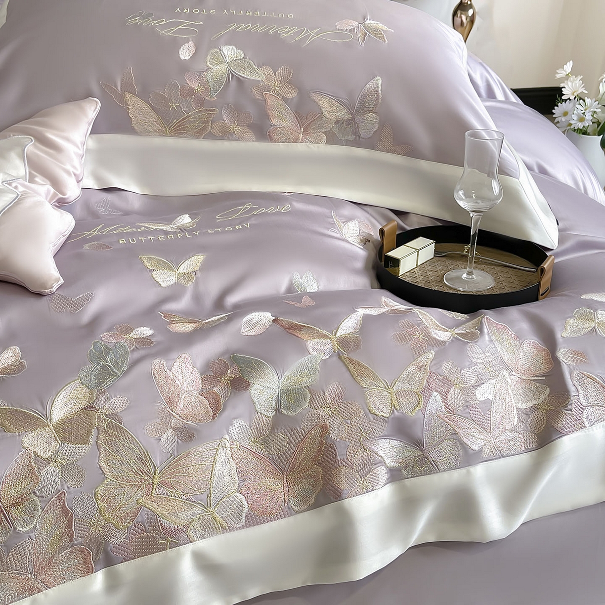 91家纺网 家纺一手货源 找家纺  2025直播爆款A类贡缎长绒棉四件套纯棉全棉重工刺绣被套床单高端拼接床上用品 七彩蝶梦-花容紫