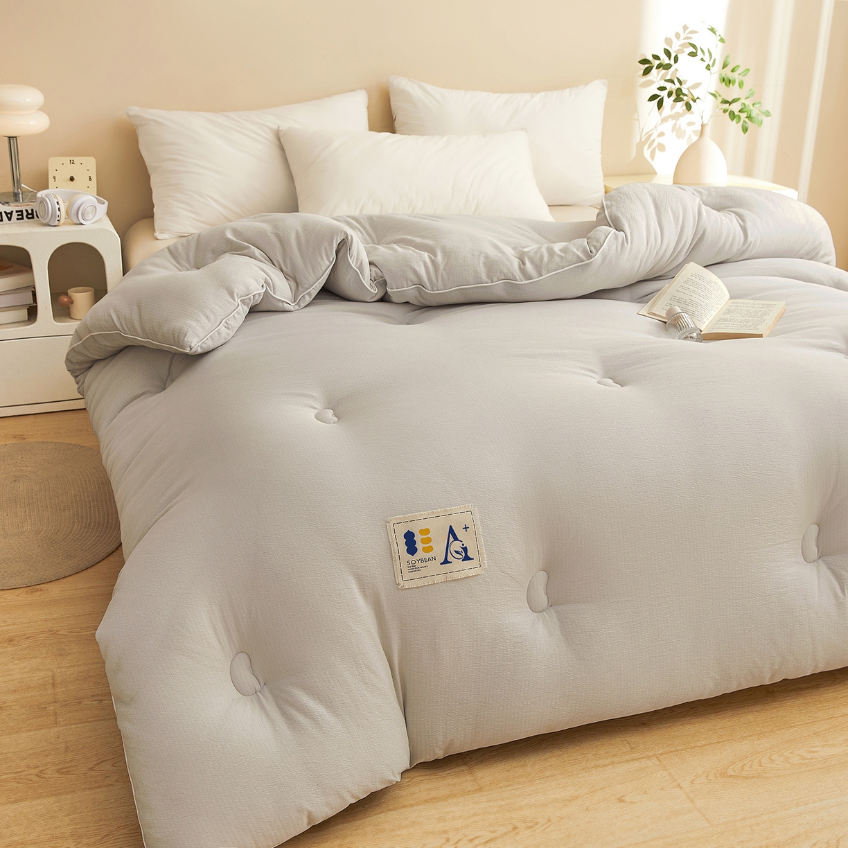 91家纺网 家纺一手货源 找家纺 金喜 2025新款棉麻皱皱纱被芯春秋被冬被加厚被子大豆绗缝被子四季被 雅灰