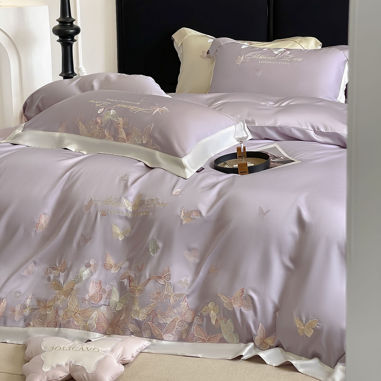 91家纺网 家纺一手货源 找家纺  2025直播爆款A类贡缎长绒棉四件套纯棉全棉重工刺绣被套床单高端拼接床上用品 七彩蝶梦-花容紫