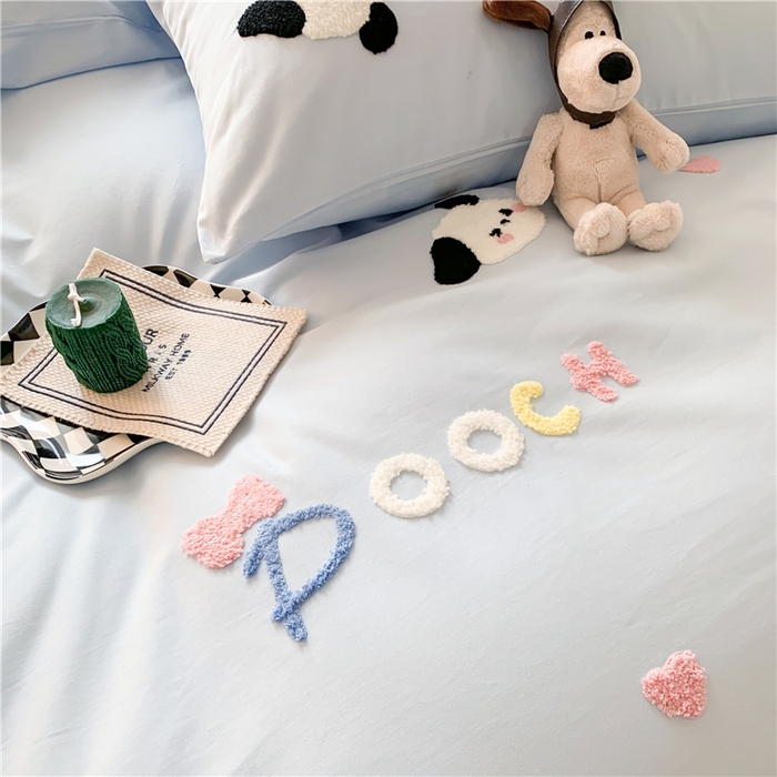 91家纺网 家纺一手货源 找家纺 如意朵 2025新款全棉纯棉小清新印花加绣花四件套 俏皮狗狗蓝