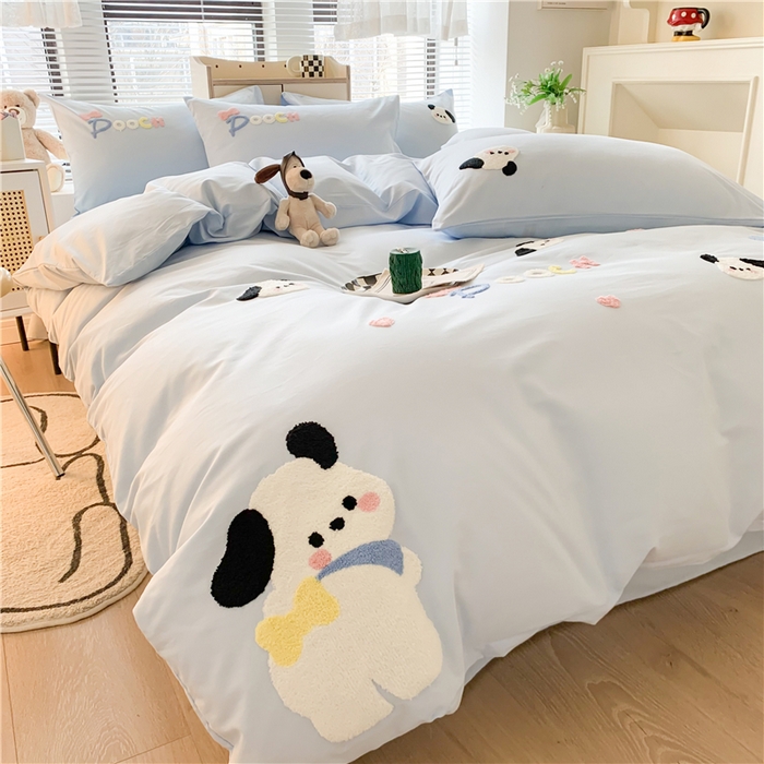 91家纺网 家纺一手货源 找家纺 如意朵 2025新款全棉纯棉小清新印花加绣花四件套 俏皮狗狗蓝