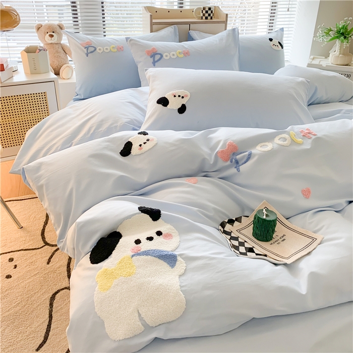 91家纺网 家纺一手货源 找家纺 如意朵 2025新款全棉纯棉小清新印花加绣花四件套 俏皮狗狗蓝