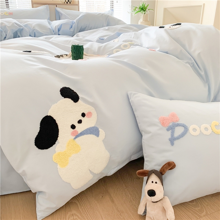 91家纺网 家纺一手货源 找家纺 如意朵 2025新款全棉纯棉小清新印花加绣花四件套 俏皮狗狗蓝