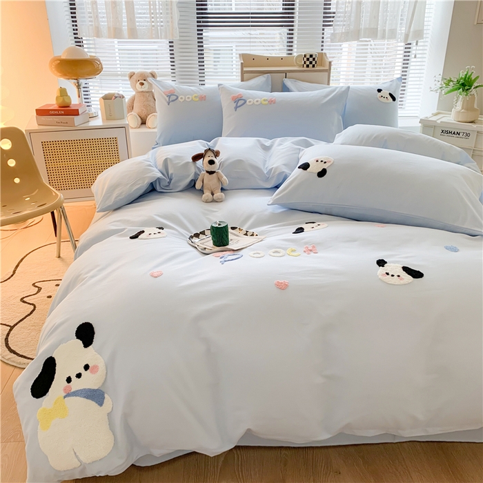 如意朵 2025新款全棉纯棉小清新印花加绣花四件套 俏皮狗狗蓝