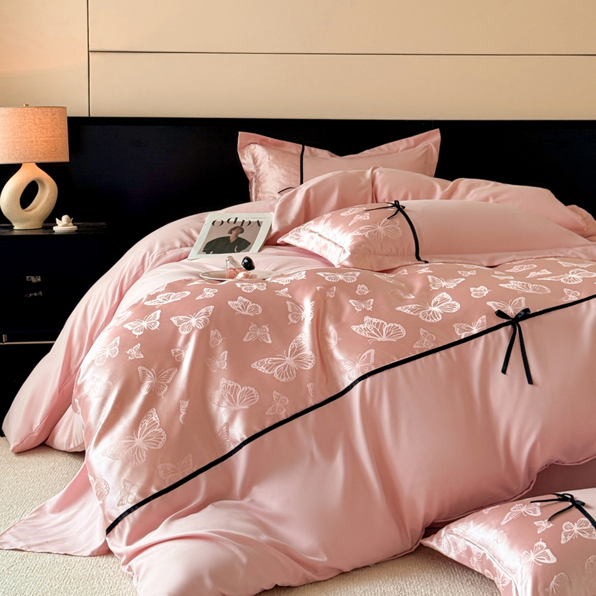 91家纺网 家纺一手货源 找家纺 千希家纺 2025新款斜纹亲肤棉提花四件套-洛莉系列（提供买家秀） 洛莉-蜜桃粉