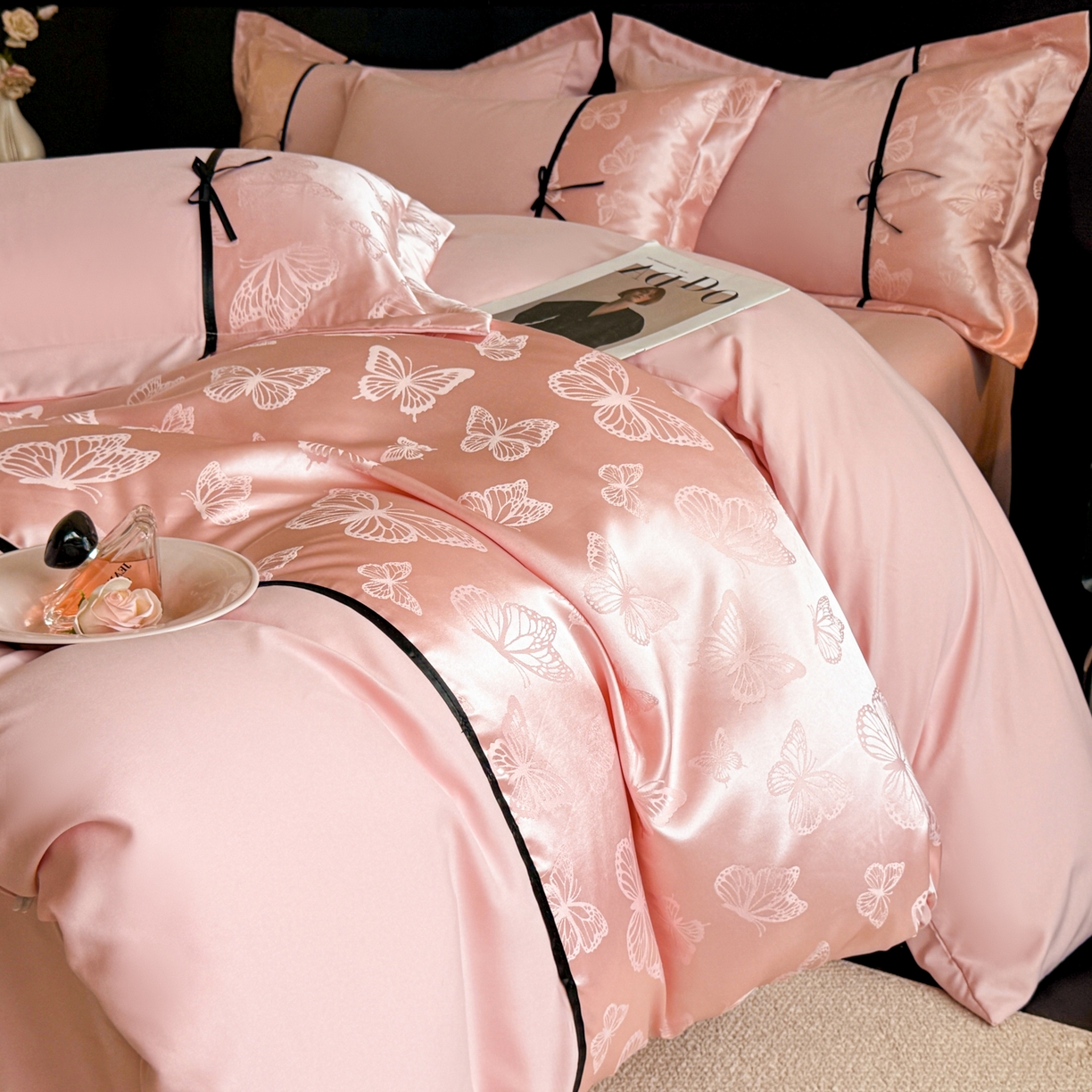 91家纺网 家纺一手货源 找家纺 千希家纺 2025新款斜纹亲肤棉提花四件套-洛莉系列（提供买家秀） 洛莉-蜜桃粉