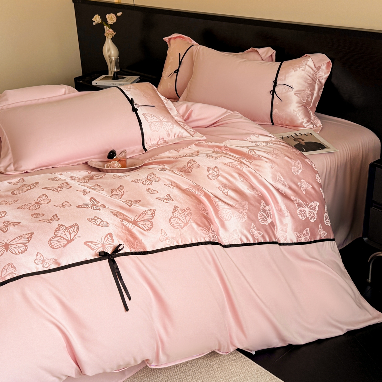 91家纺网 家纺一手货源 找家纺 千希家纺 2025新款斜纹亲肤棉提花四件套-洛莉系列（提供买家秀） 洛莉-蜜桃粉