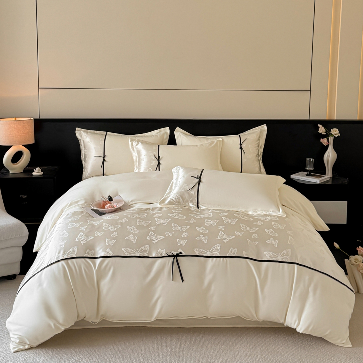 91家纺网 家纺一手货源 找家纺 千希家纺 2025新款斜纹亲肤棉提花四件套-洛莉系列（提供买家秀） 洛莉-米白