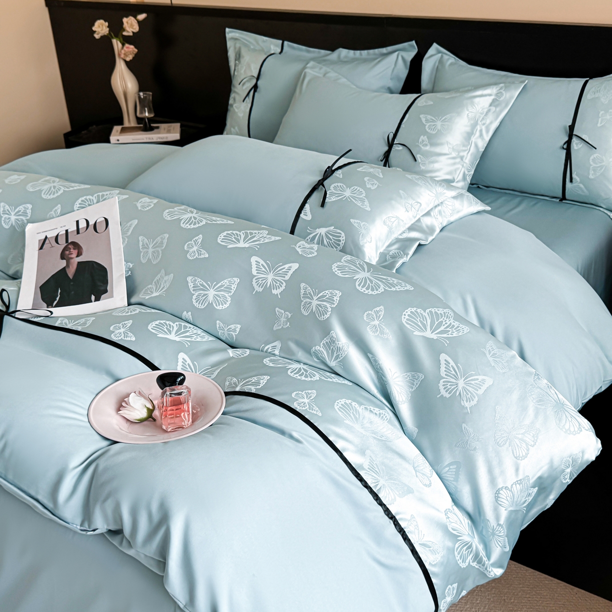 91家纺网 家纺一手货源 找家纺 千希家纺 2025新款斜纹亲肤棉提花四件套-洛莉系列（提供买家秀） 洛莉-海天蓝