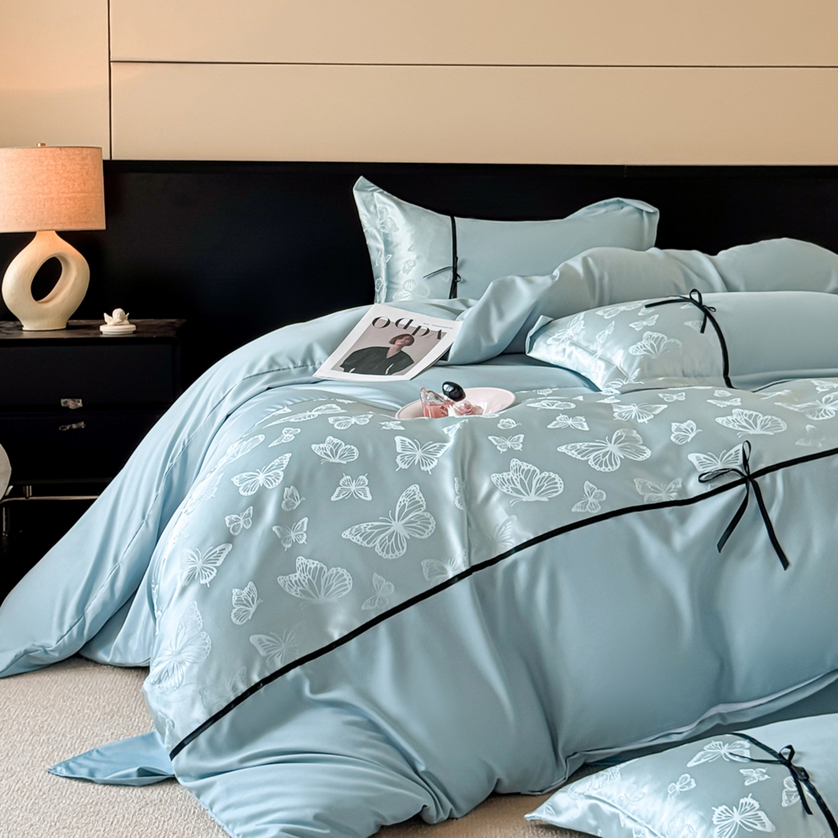 91家纺网 家纺一手货源 找家纺 千希家纺 2025新款斜纹亲肤棉提花四件套-洛莉系列（提供买家秀） 洛莉-海天蓝