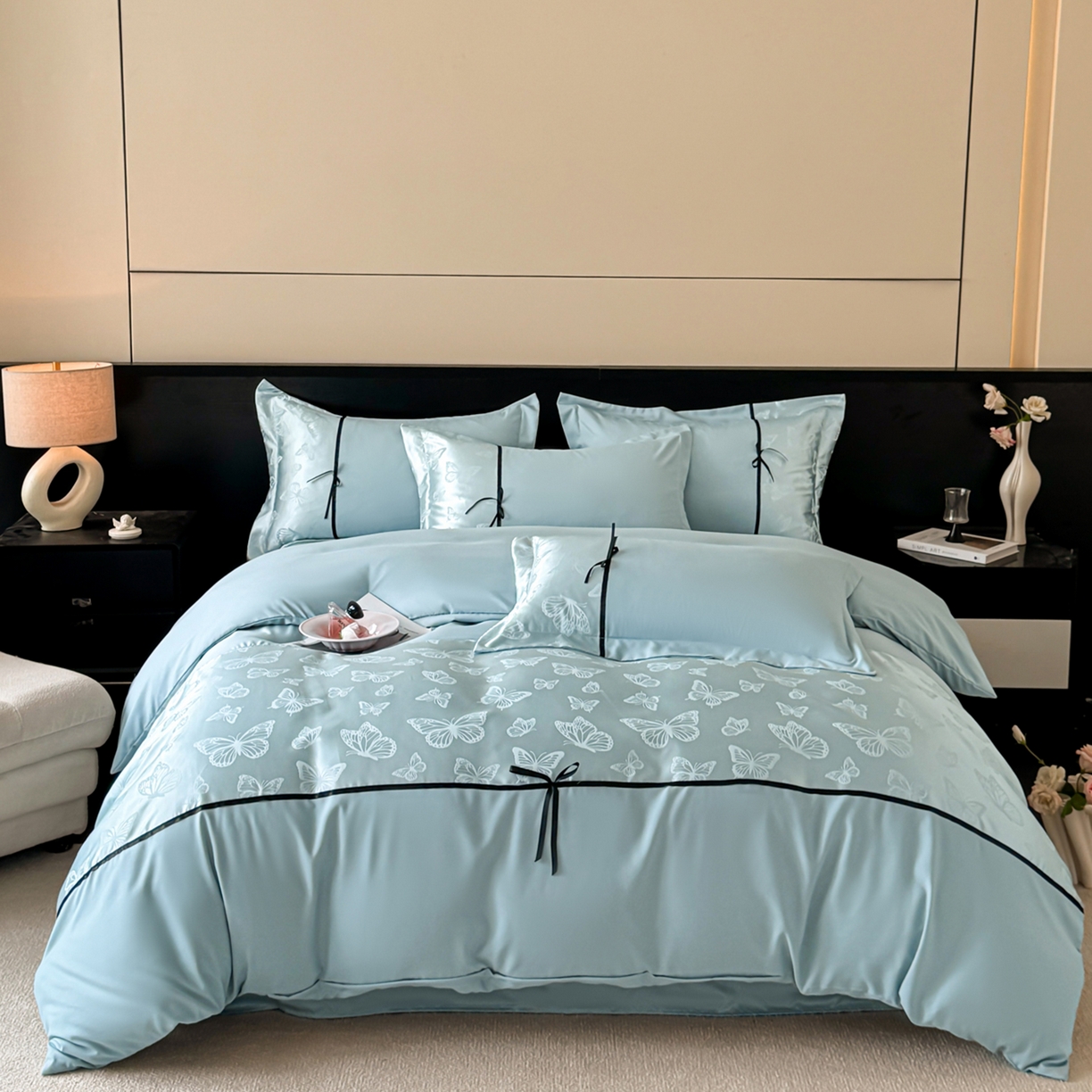 91家纺网 家纺一手货源 找家纺 千希家纺 2025新款斜纹亲肤棉提花四件套-洛莉系列（提供买家秀） 洛莉-海天蓝