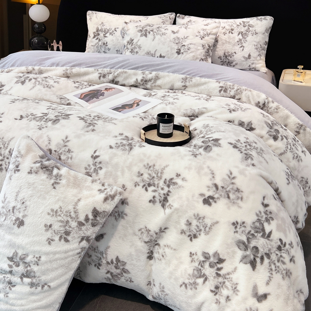 91家纺网 家纺一手货源 找家纺 悦织语 2025新款高克重加厚轻奢獭兔毛美拉德风四件套 兔毛-繁花