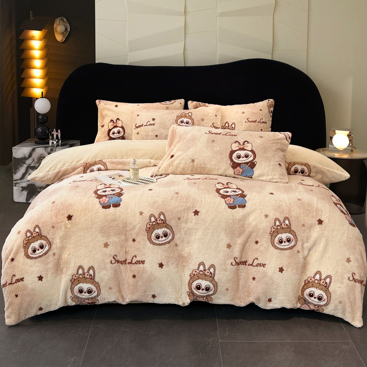 91家纺网 家纺一手货源 找家纺 悦织语 2025新款高克重加厚轻奢獭兔毛美拉德风四件套 兔毛-拉布布