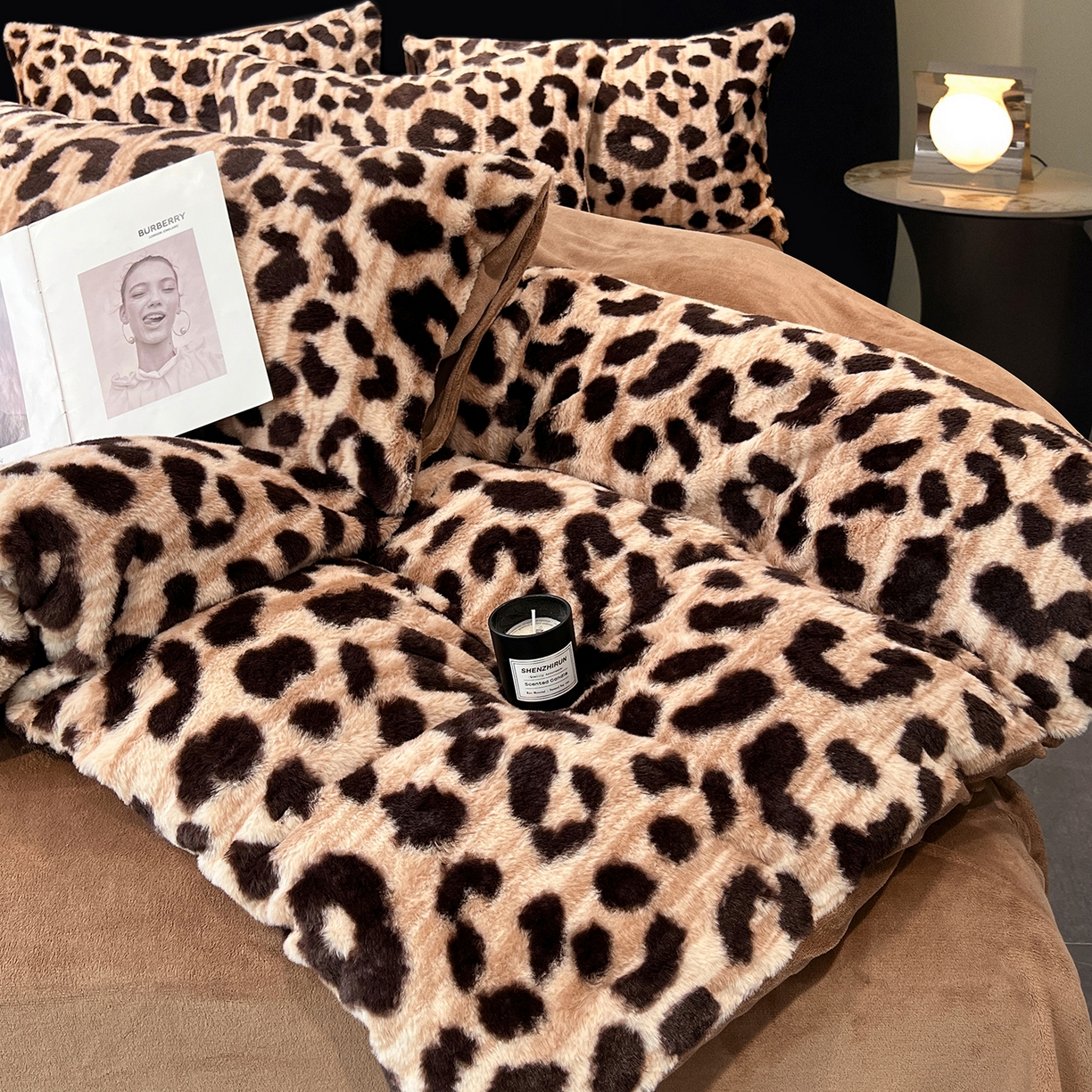 91家纺网 家纺一手货源 找家纺 悦织语 2025新款高克重加厚轻奢獭兔毛美拉德风四件套 兔毛-豹纹