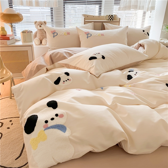 91家纺网 家纺一手货源 找家纺 如意朵 2025新款全棉纯棉小清新印花加绣花四件套 俏皮狗狗浅咖