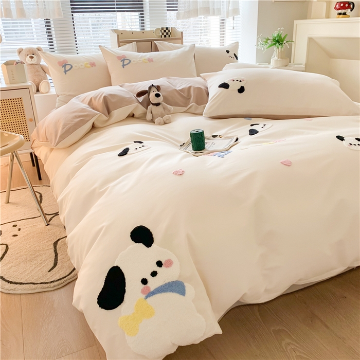 91家纺网 家纺一手货源 找家纺 如意朵 2025新款全棉纯棉小清新印花加绣花四件套 俏皮狗狗浅咖