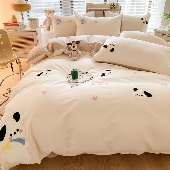 如意朵 2025新款全棉纯棉小清新印花加绣花四件套 俏皮狗狗浅咖