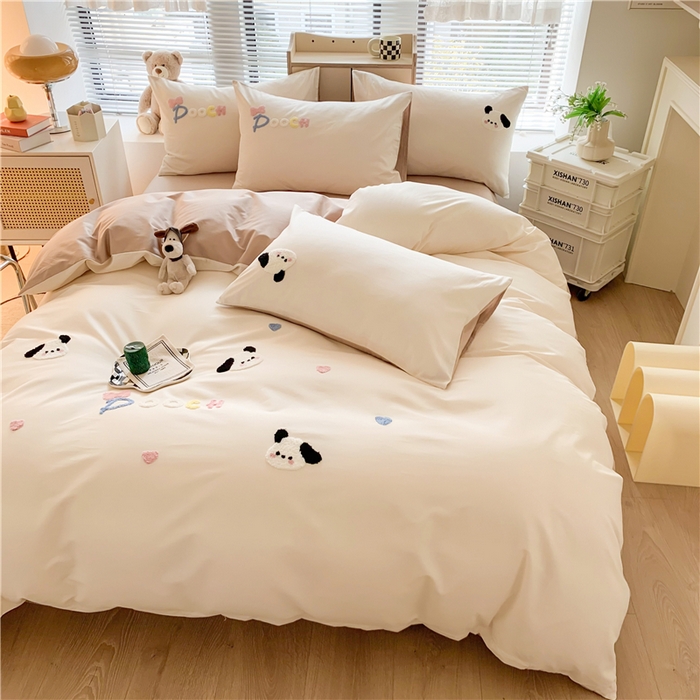 91家纺网 家纺一手货源 找家纺 如意朵 2025新款全棉纯棉小清新印花加绣花四件套 俏皮狗狗浅咖