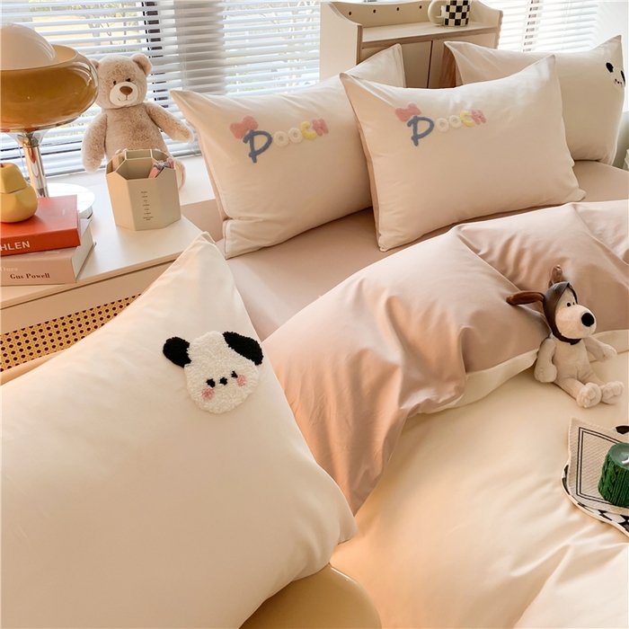 91家纺网 家纺一手货源 找家纺 如意朵 2025新款全棉纯棉小清新印花加绣花四件套 俏皮狗狗浅咖