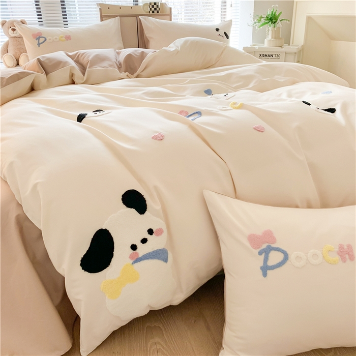 91家纺网 家纺一手货源 找家纺 如意朵 2025新款全棉纯棉小清新印花加绣花四件套 俏皮狗狗浅咖