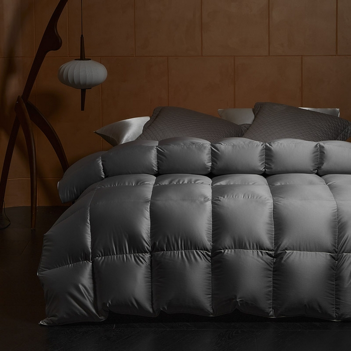 91家纺网 家纺一手货源 找家纺 暖羽屋羽绒馆  2025新款国标95白鹅绒被芯 莱赛尔高端羽绒被子 绒子含量95羽绒被 双人婚庆冬被春秋被卡尔佩斯   X卡尔佩斯  灰色