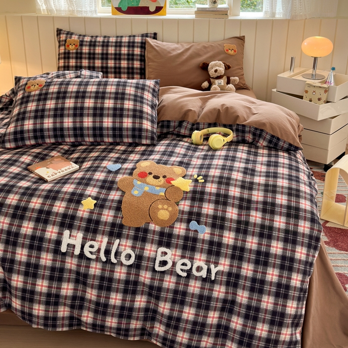 91家纺网 家纺一手货源 找家纺 如意朵 2025新款全棉磨毛卡通毛巾绣四件套（专版花型）-场景二 摘星熊