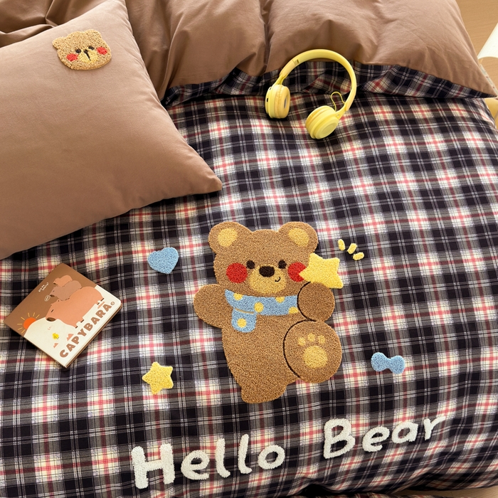 91家纺网 家纺一手货源 找家纺 如意朵 2025新款全棉磨毛卡通毛巾绣四件套（专版花型）-场景二 摘星熊