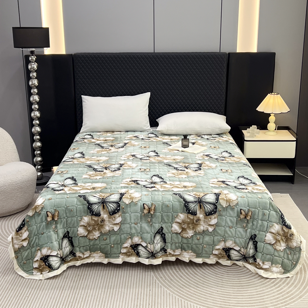 有品 2025年牛奶绒花边5D跑量款夹棉床盖 蝶双飞