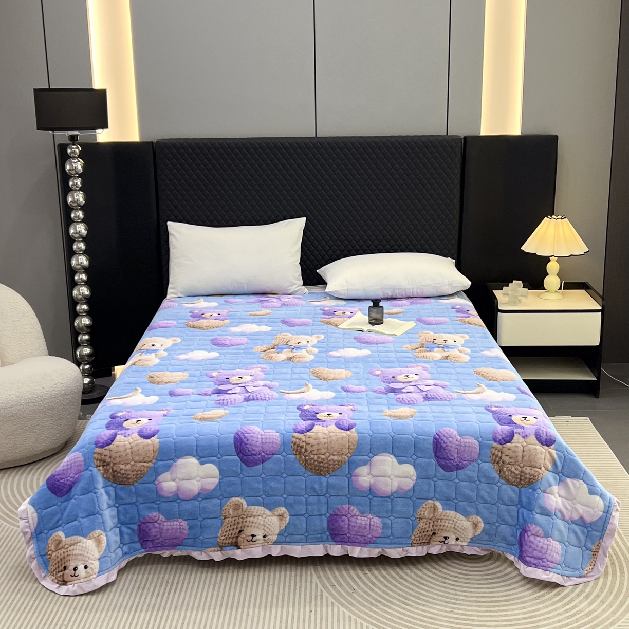 有品 2025年牛奶绒花边5D跑量款夹棉床盖 梦幻小熊