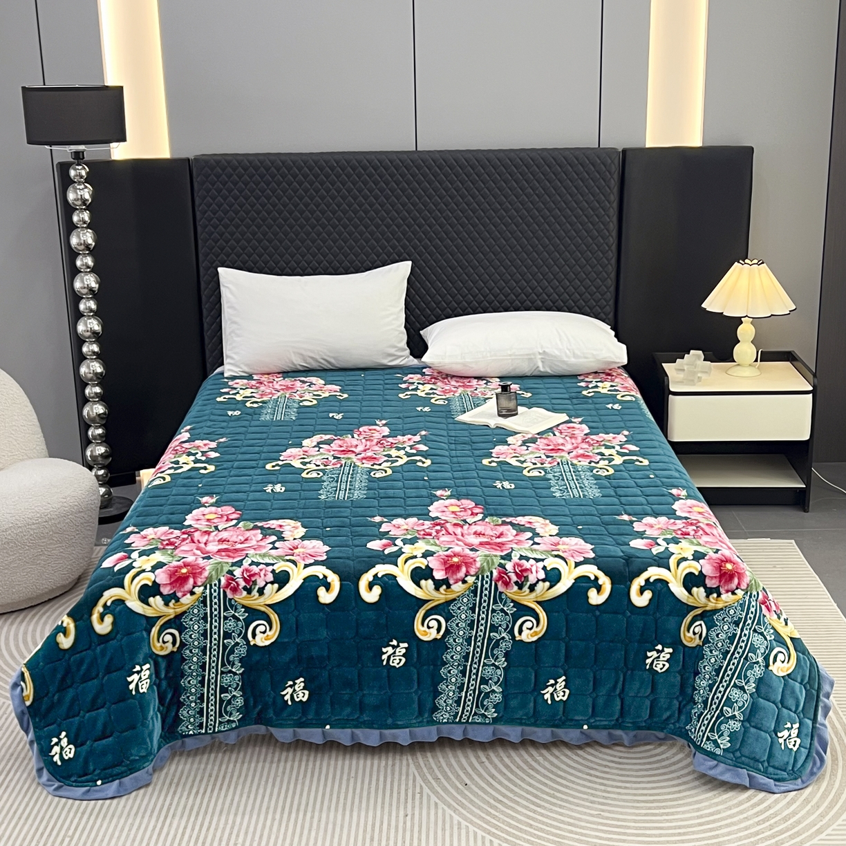 有品 2025年牛奶绒花边5D跑量款夹棉床盖 墨韵