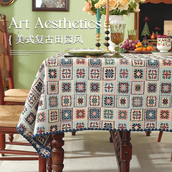 91家纺网 家纺一手货源 找家纺 南通大梧纺织 2025新款家居美学美式田园春江町桌布 蓝勾花 贝壳边 140*140cm