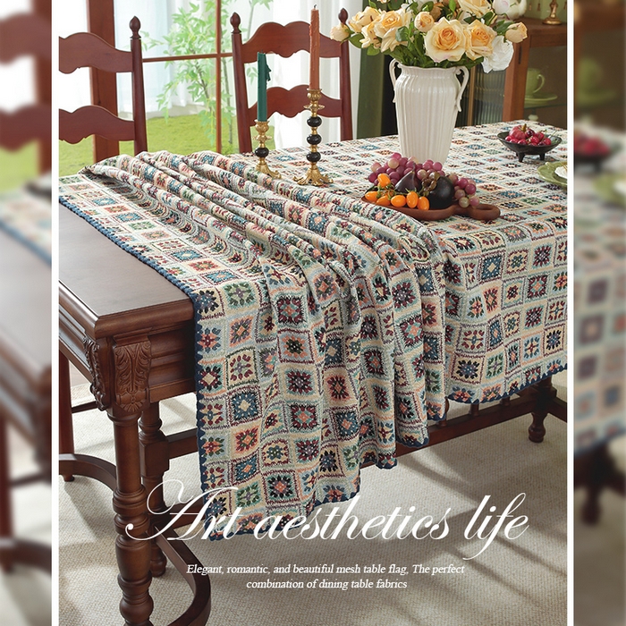 91家纺网 家纺一手货源 找家纺 南通大梧纺织 2025新款家居美学美式田园春江町桌布 蓝勾花 贝壳边 140*140cm