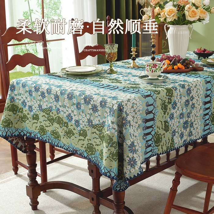 91家纺网 家纺一手货源 找家纺 南通大梧纺织 2025新款家居美学美式田园春江町桌布 春树 贝壳边 140*220cm