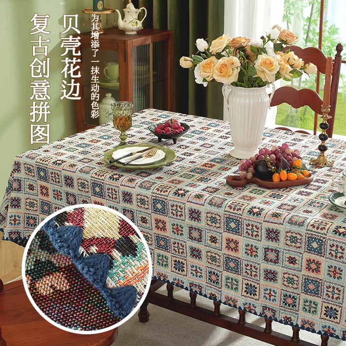 91家纺网 家纺一手货源 找家纺 南通大梧纺织 2025新款家居美学美式田园春江町桌布 蓝勾花 贝壳边 140*200cm