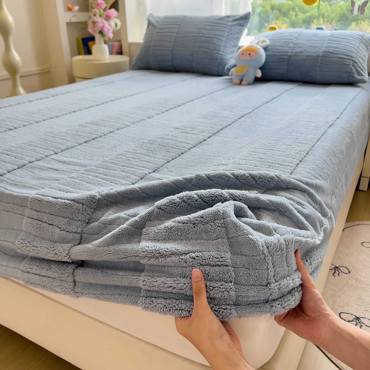 91家纺网 家纺一手货源 找家纺 世纪绒品 2025新款A类水波纹提花牛奶绒床笠 水波纹-蓝灰