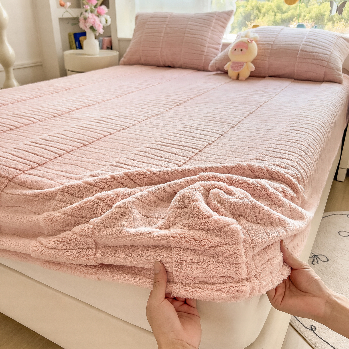 91家纺网 家纺一手货源 找家纺 世纪绒品 2025新款A类水波纹提花牛奶绒床笠 水波纹-浅粉