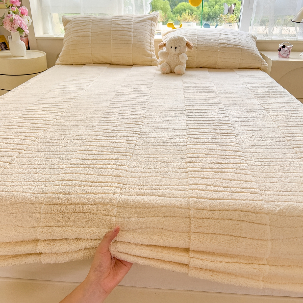 91家纺网 家纺一手货源 找家纺 世纪绒品 2025新款A类水波纹提花牛奶绒床笠 水波纹-米白