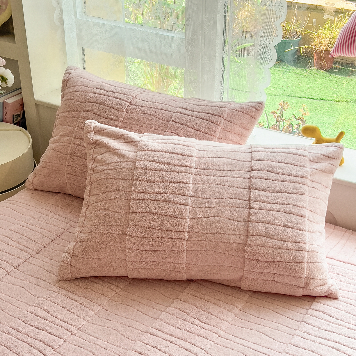 91家纺网 家纺一手货源 找家纺 世纪绒品 2025新款A类水波纹提花牛奶绒床笠 水波纹-浅粉