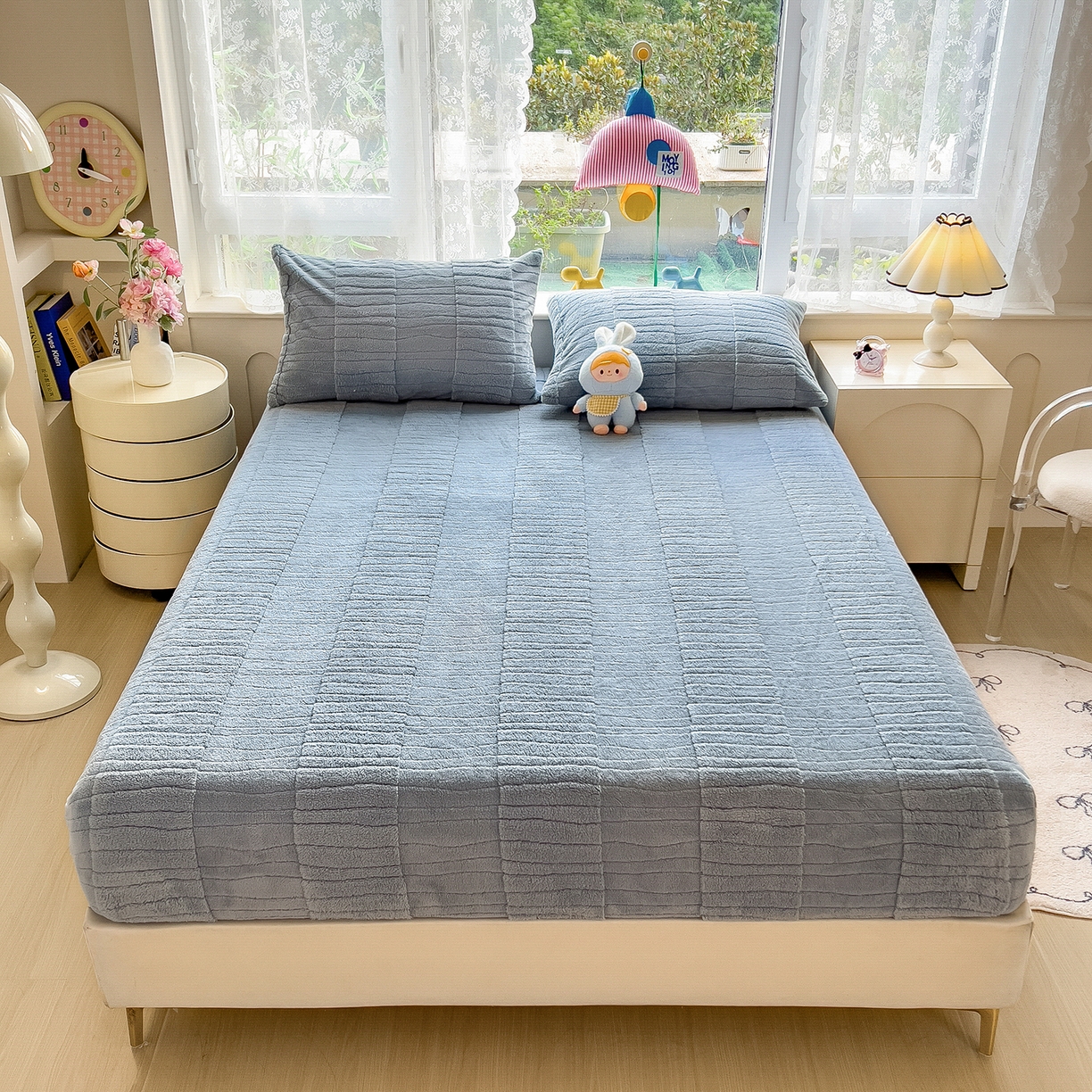 91家纺网 家纺一手货源 找家纺 世纪绒品 2025新款A类水波纹提花牛奶绒床笠 水波纹-蓝灰